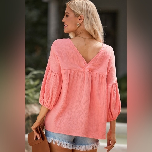 Sunset Coral Quarter Sleeve V Neck Cotton Blouse - Picture 3 of 5